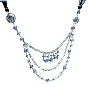 Elegant Blue Beaded Multi Strand Silver Tone Chain Statement Necklace Jewelry
